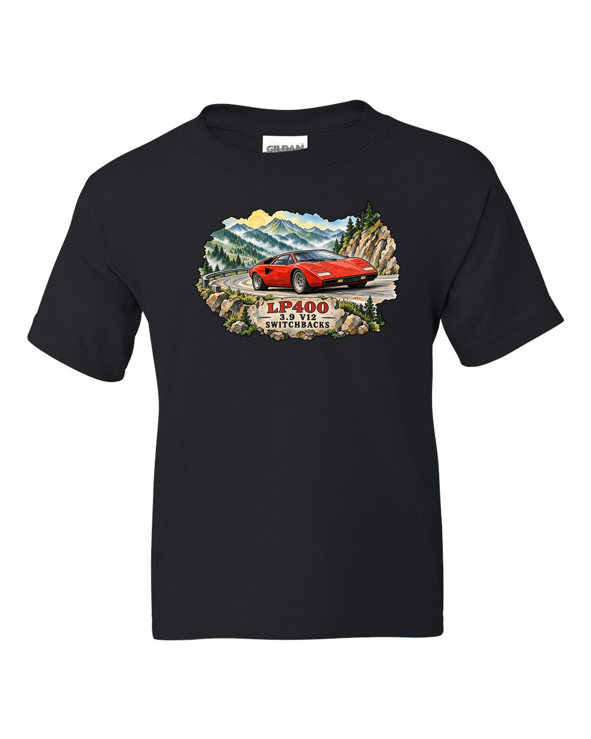 Watercolour ink wash design of a Lamborghini Countach LP400 on mountain switchbacks black kids tee front view with the design