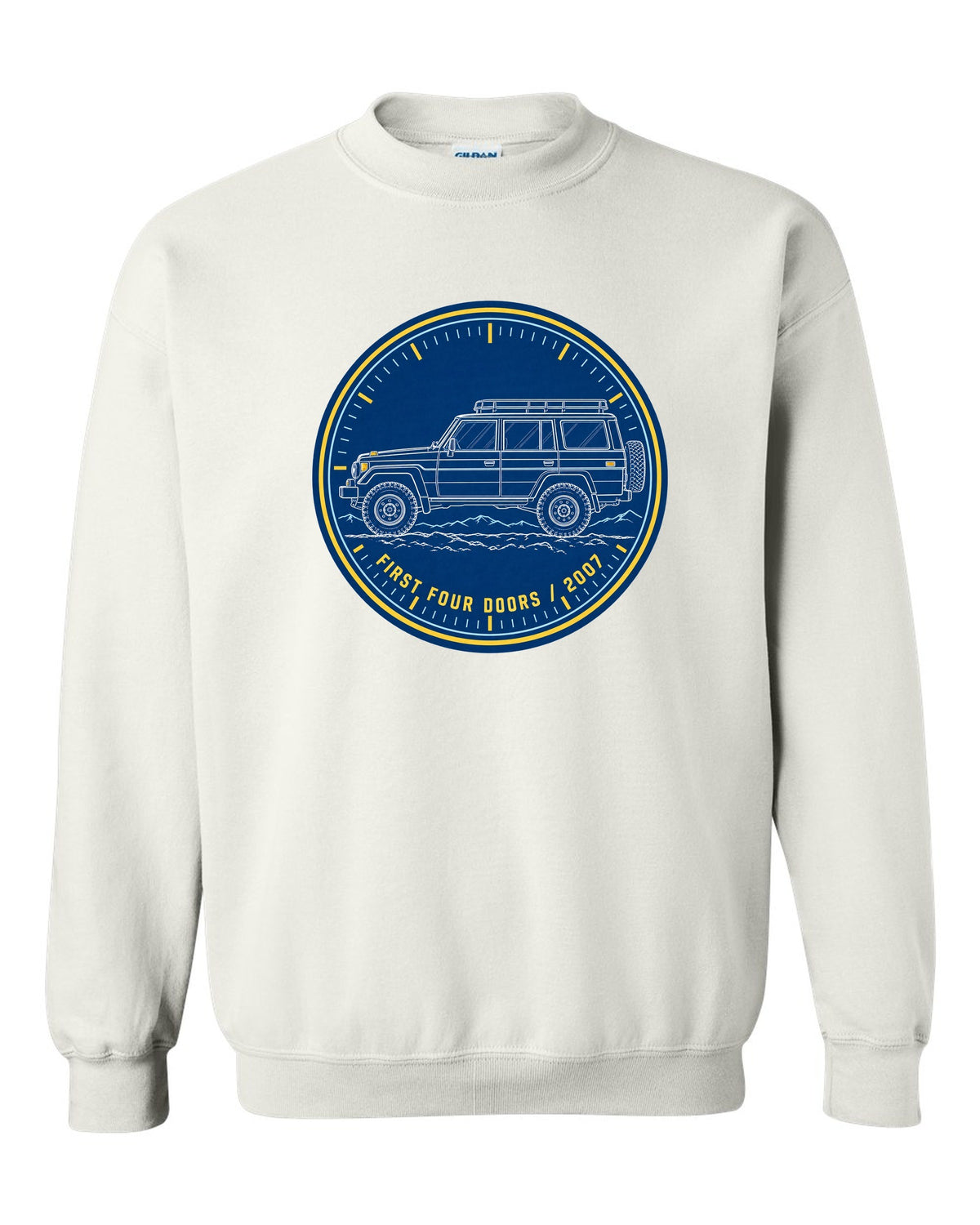 Jeep Wrangler JKU cyanotype blueprint design reading first four doors 2007 white crewneck front view with the design