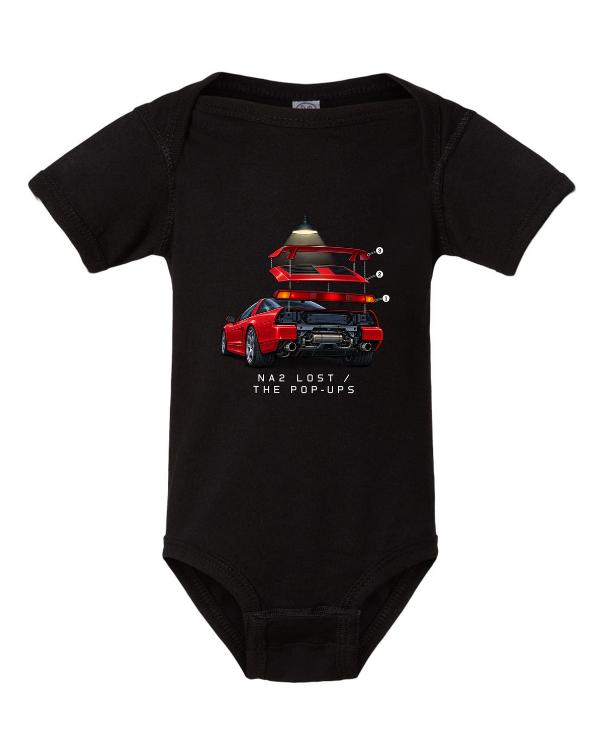Isometric exploded taillight diagram of a 2002 Honda NSX NA2 with NA2 Lost The Pop-Ups lettering black baby onesie front view with the design