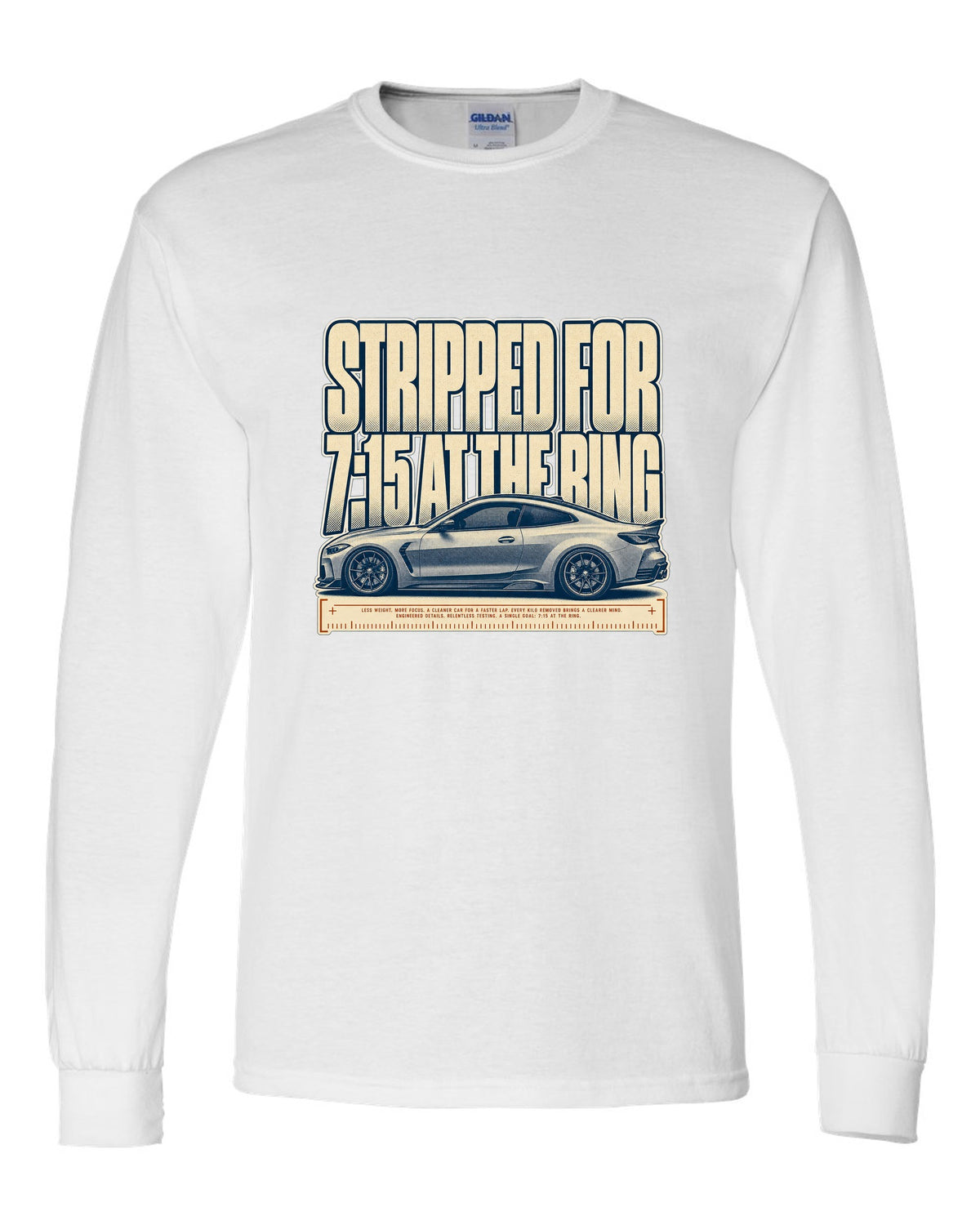BMW M4 CSL G82 halftone print with 7:15 at the Ring text white long sleeve front view with the design