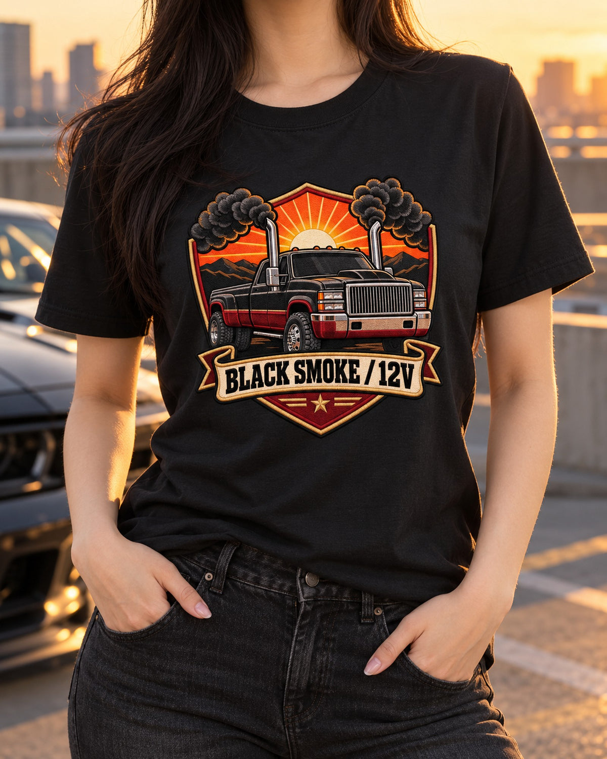 1994-1998 Dodge Ram 12V Cummins Smoke Stack Dawn Crest Tee T-Shirt Black worn hero