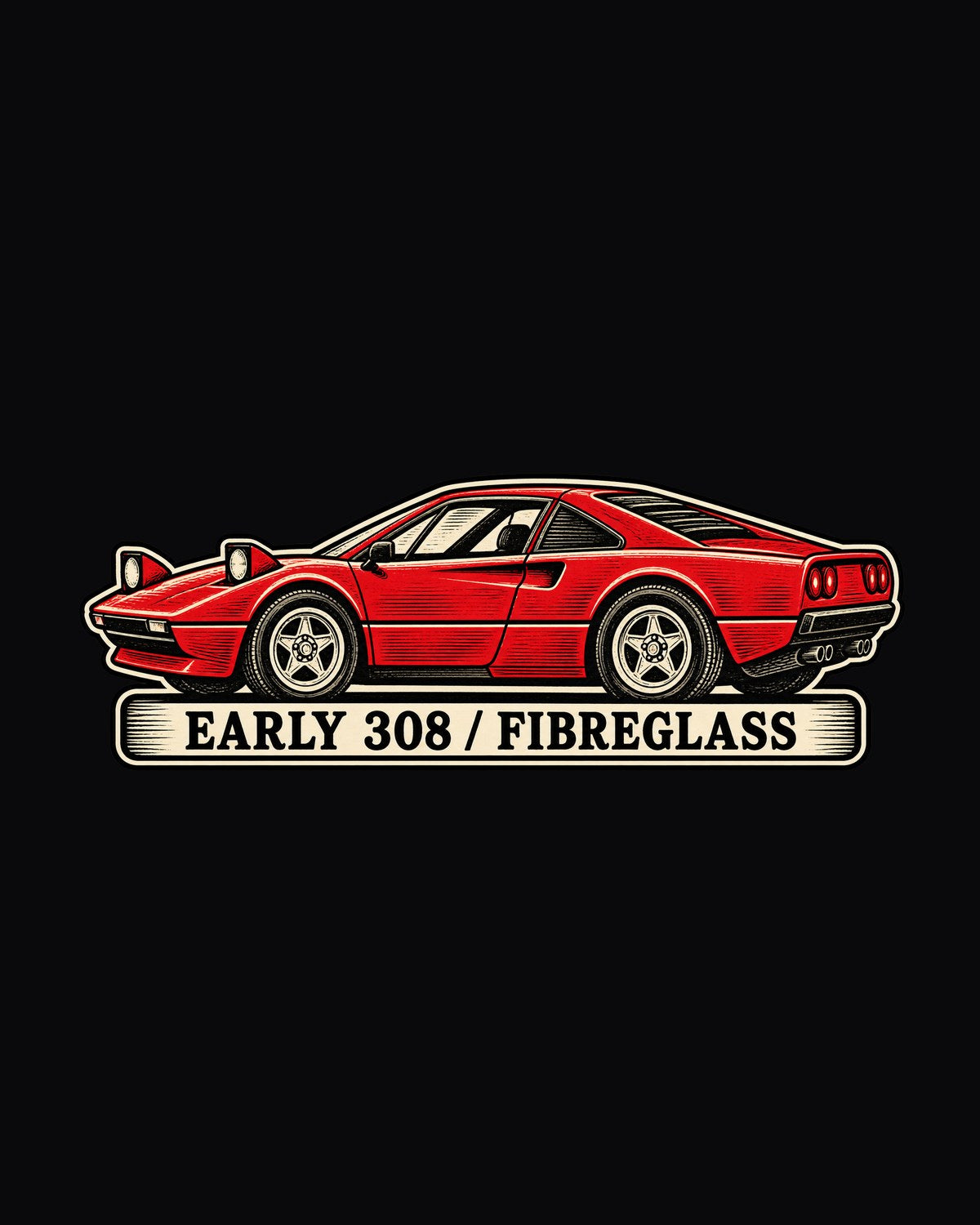 Early Fibreglass Ferrari 308 GTB Linocut Tee for Car Guys design only