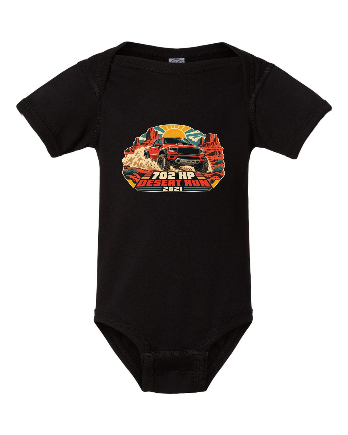 Vintage desert race poster print of a 2021 Ram 1500 TRX with 702 HP text black baby onesie front view with the design