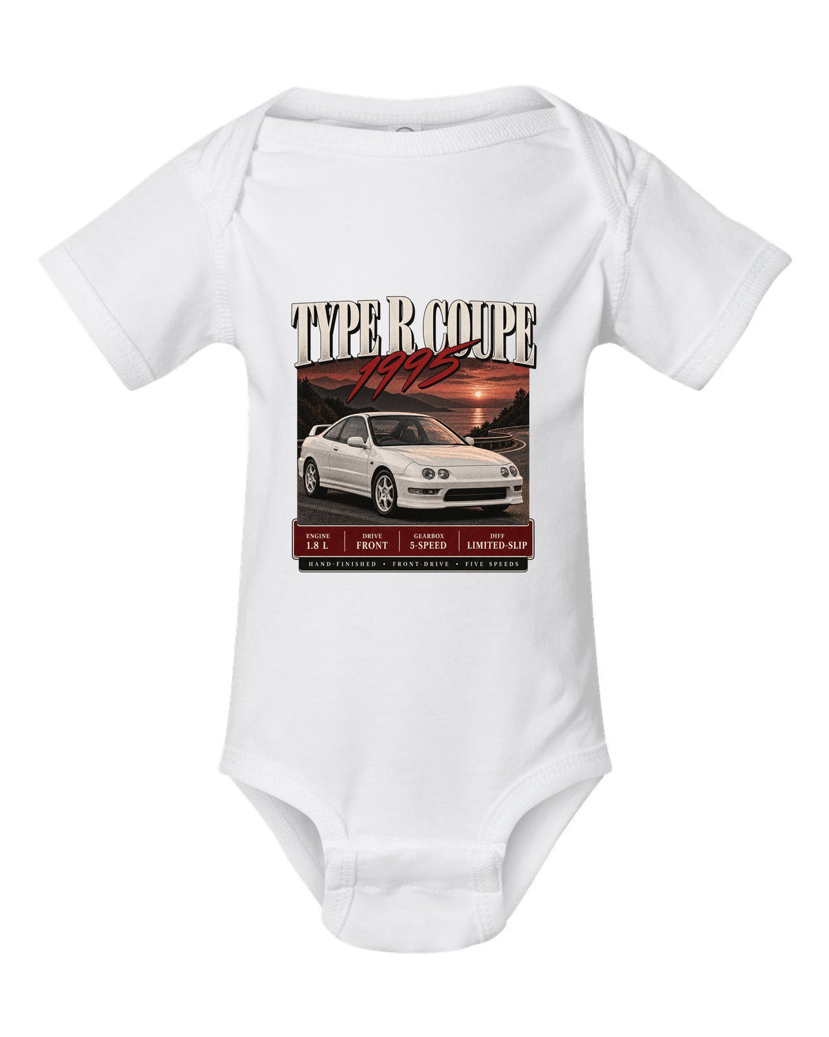 Honda Integra DC2 Type R coupe archive panel design labelled The Teg white baby onesie front view with the design