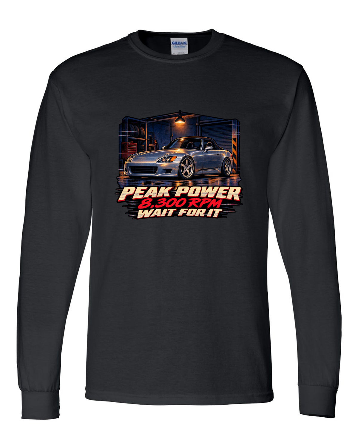 Lo-fi VHS cover style print of a Honda S2000 AP1 with 8,300 RPM wait for it text black long sleeve front view with the design