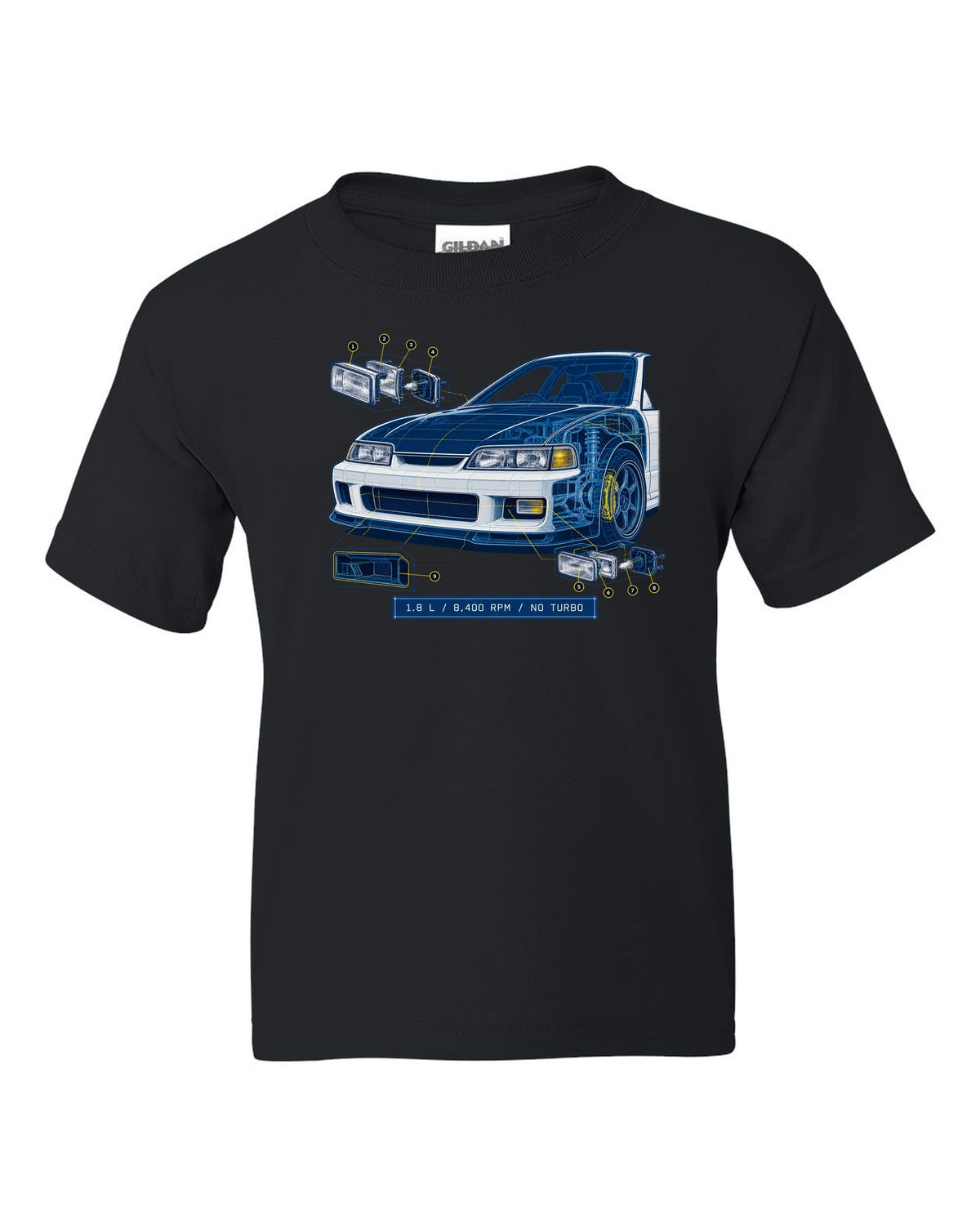 Technical blueprint design of the Honda Integra Type R DC2 with B18C specs black kids tee front view with the design