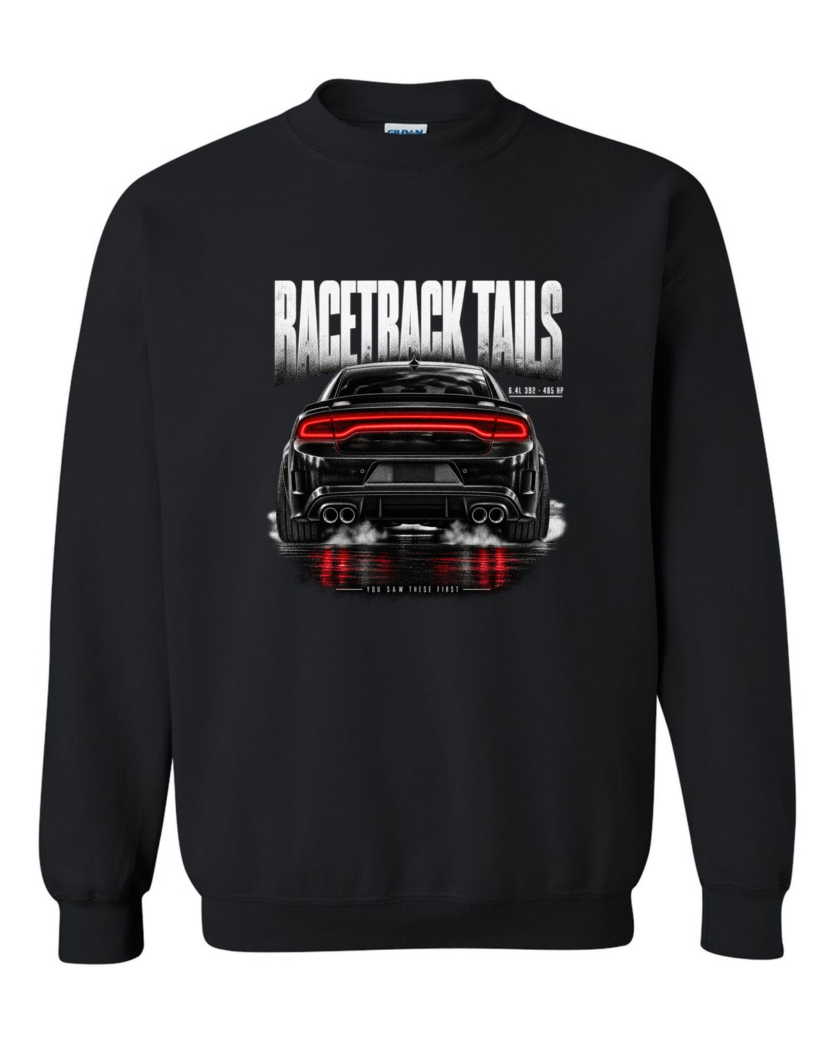 Taillight macro print of a 2016 Dodge Charger Scat Pack LX/LD with 6.4L 392 and 485 HP text black crewneck front view with the design
