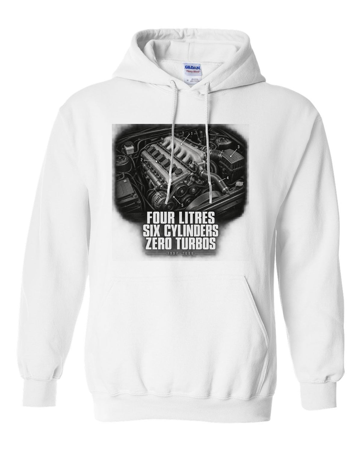 Engine hero print for the Jeep Wrangler TJ, Four Litres Six Cylinders Zero Turbos white pull over hoodie front view with the design