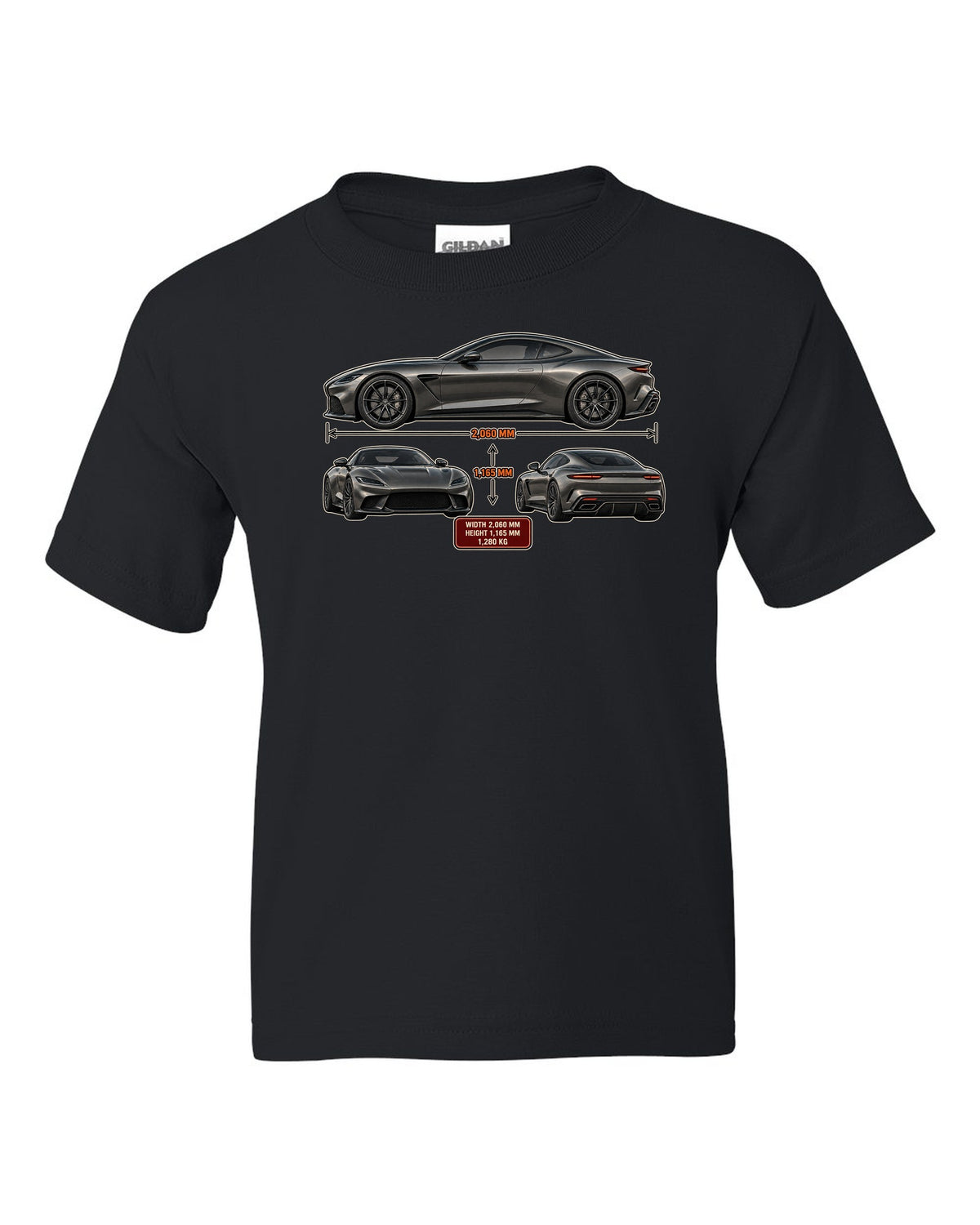 Three-view spec sheet print of the Pagani Utopia coupe with width 2,060 mm, height 1,165 mm, 1,280 kg black kids tee front view with the design