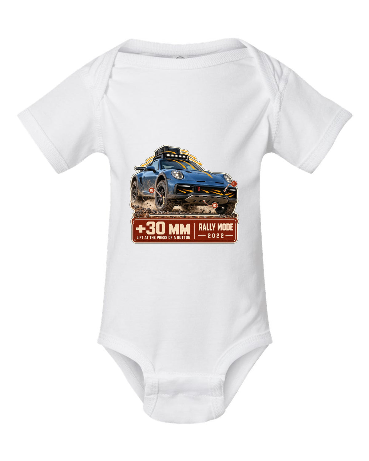 Aero callout print of a Porsche 911 Dakar 992 showing the lift feature white baby onesie front view with the design