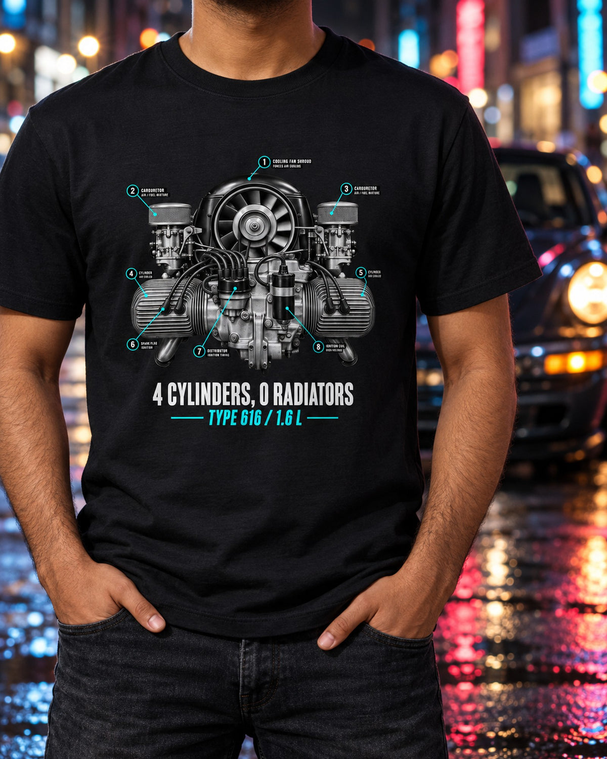 Porsche 356 Type 616 Engine Shirt, 4 Cylinders 0 Radiators T-Shirt Black worn hero