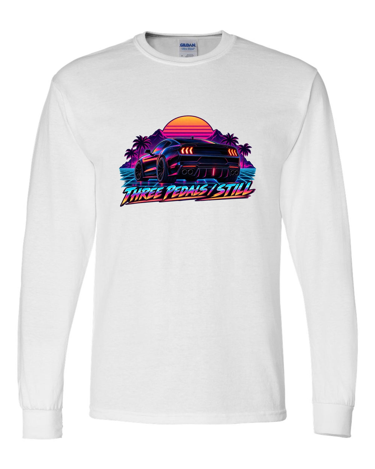 Synthwave outrun 2024 S650 Ford Mustang coupe with Three pedals still text white long sleeve front view with the design