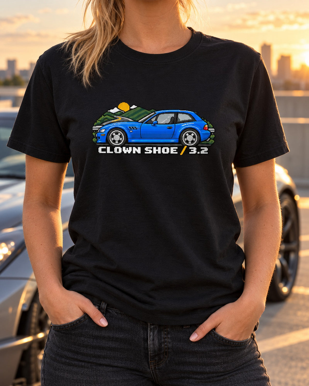 BMW Z4 M Coupe E86 Coast Road Sunset Watercolour Tee T-Shirt Black worn hero