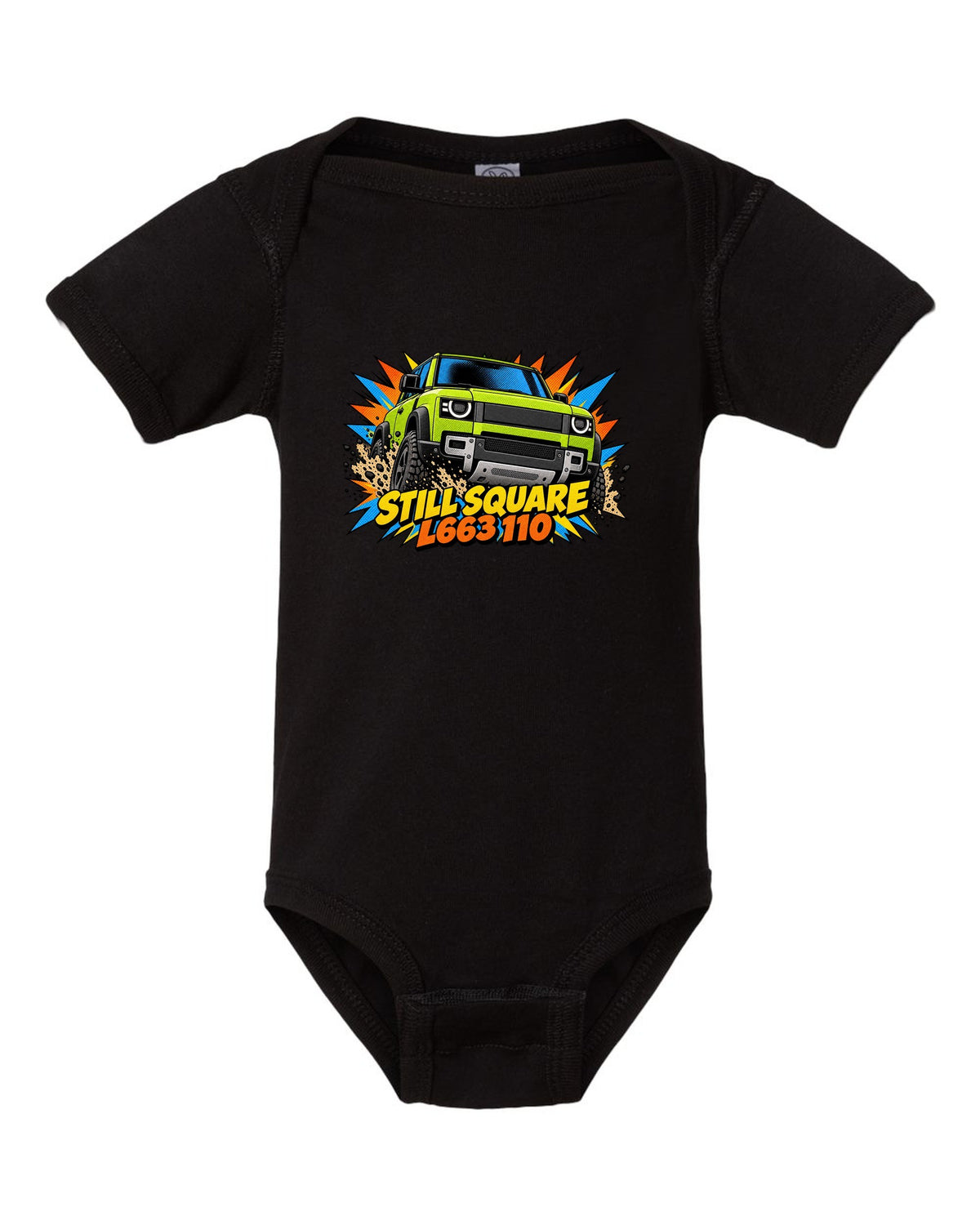 Comic halftone pop-art close-up of a Land Rover Defender L663 headlight with L663 110 lettering black baby onesie front view with the design