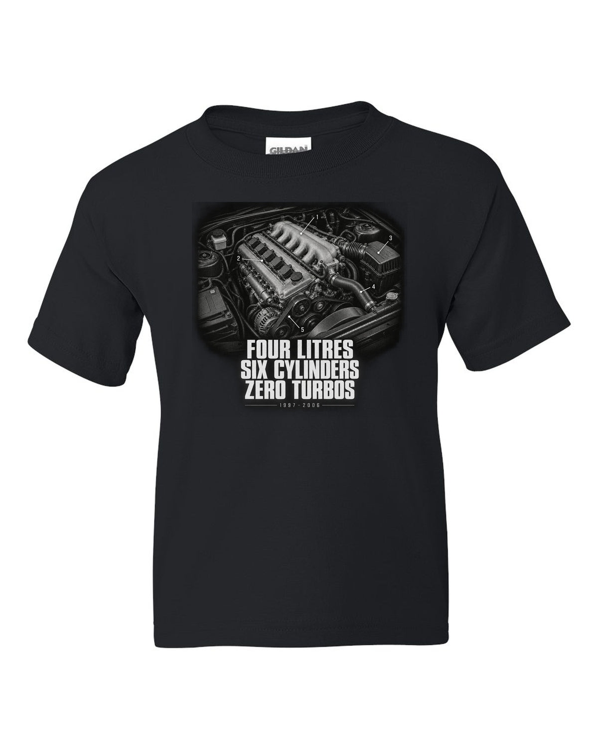 Engine hero print for the Jeep Wrangler TJ, Four Litres Six Cylinders Zero Turbos black kids tee front view with the design