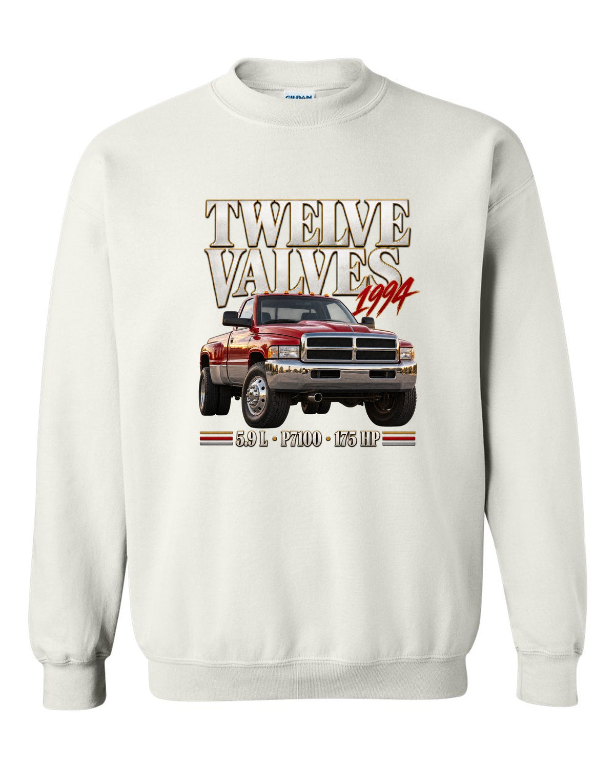 Editorial print of a 1994-98 Ram 2500 Cummins 5.9 12V with P7100 pump lettering white crewneck front view with the design