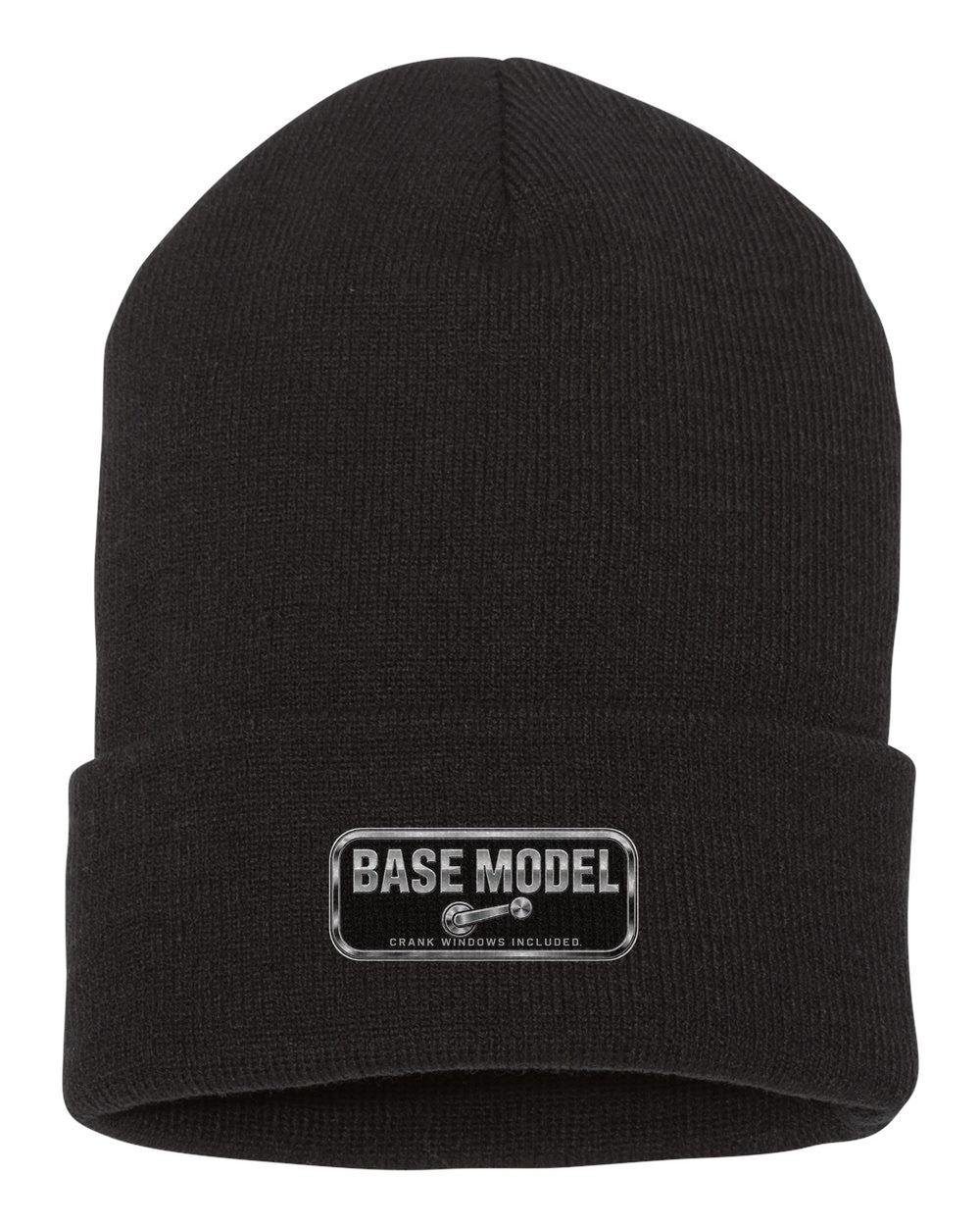 Base Model Crank Windows Included Funny Car Guy Shirt black beanie front view with car name