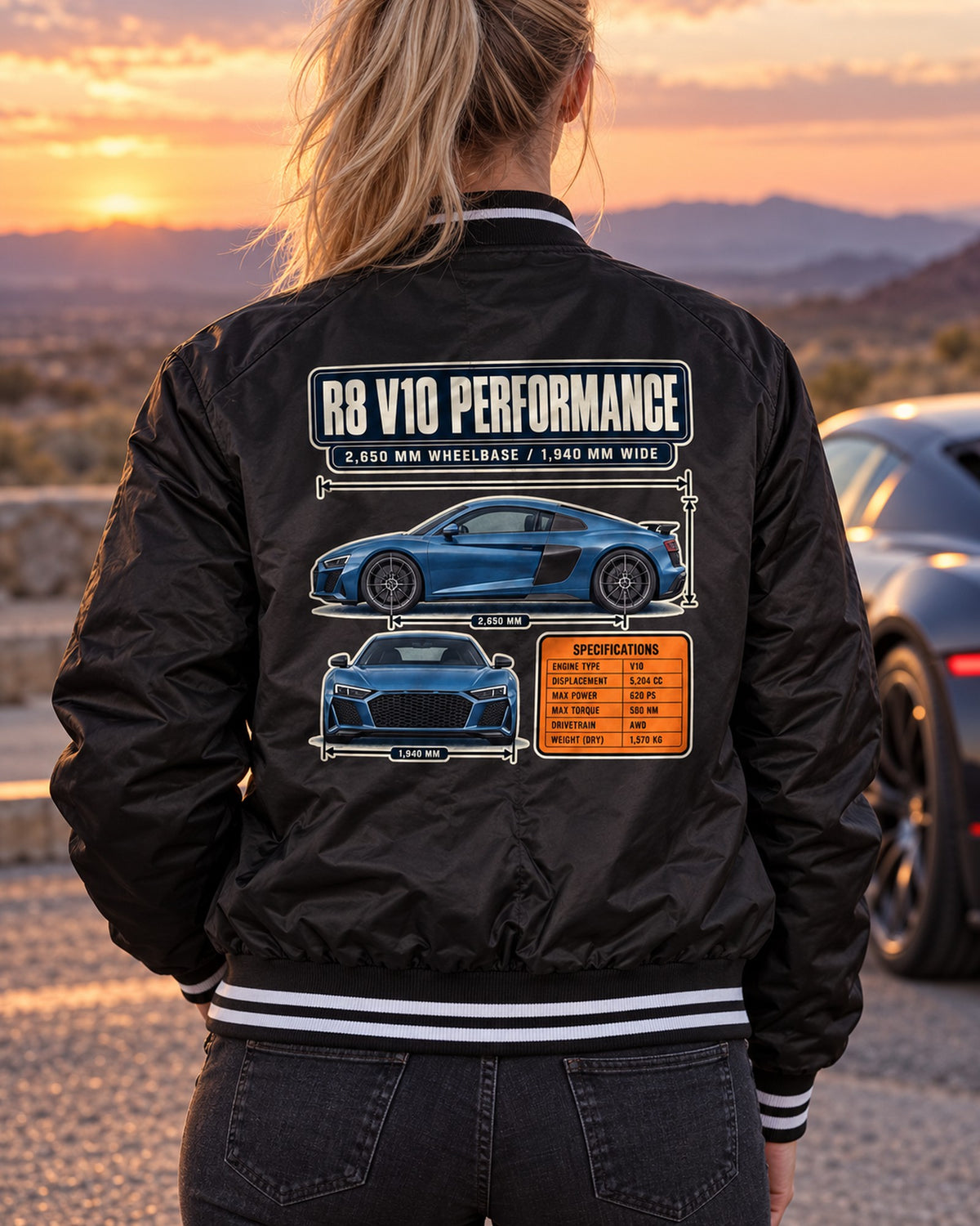 Audi R8 V10 Performance Dimension Blueprint Tee, Type 4S Car Shirt Bomber Jacket Black worn hero