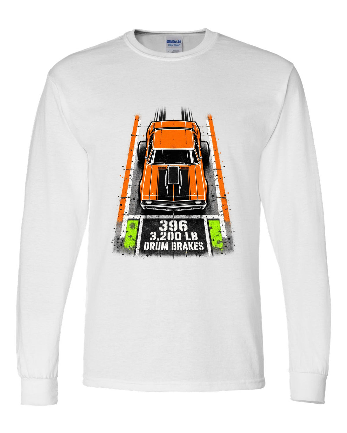 Stencil spray street art print of a 1970 Chevrolet Nova SS 396 with the text 396, 3,200 LB, Drum Brakes white long sleeve front view with the design
