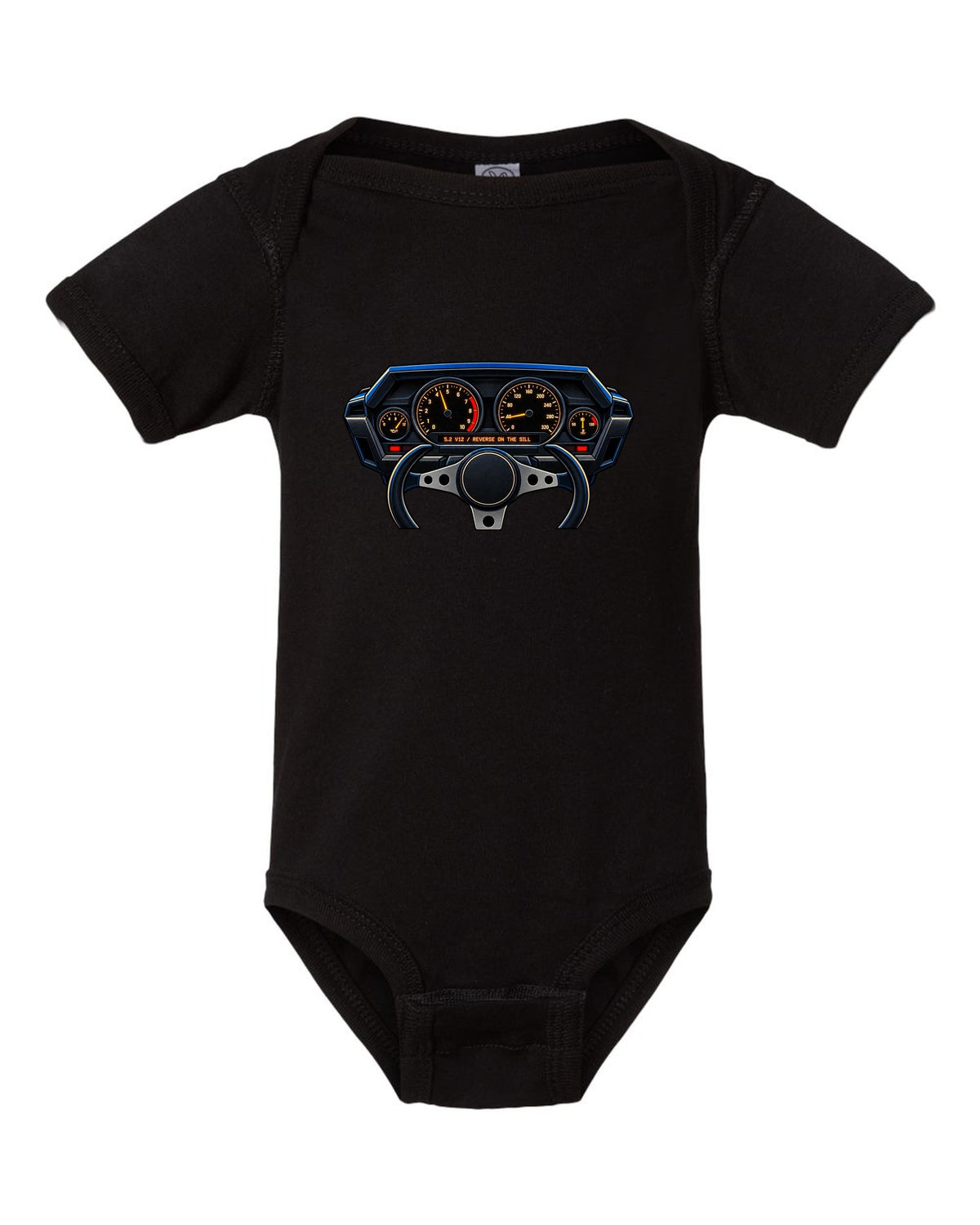 Gauge cluster graphic for a Lamborghini Countach LP5000 QV with 5.2 V12 lettering black baby onesie front view with the design