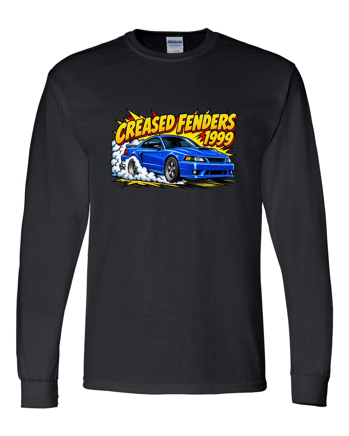 Comic halftone pop art 1999-2004 New Edge Ford Mustang coupe with burnout smoke black long sleeve front view with the design