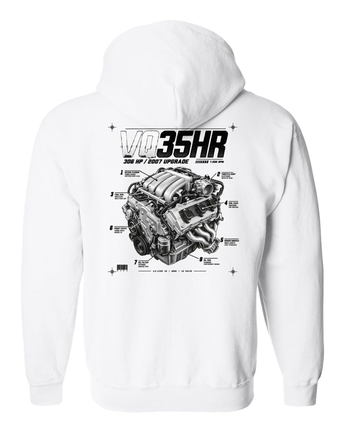 print of a Nissan 350Z Z33 VQ35HR engine plate with 306 HP and 7,500 RPM white zip hoodie back view with the design