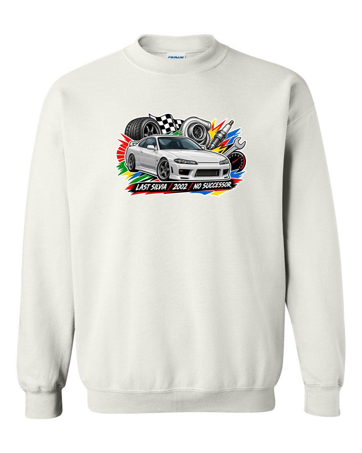 Sticker-bomb collage print for the Nissan Silvia S15 with last Silvia 2002 no successor lettering white crewneck front view with the design