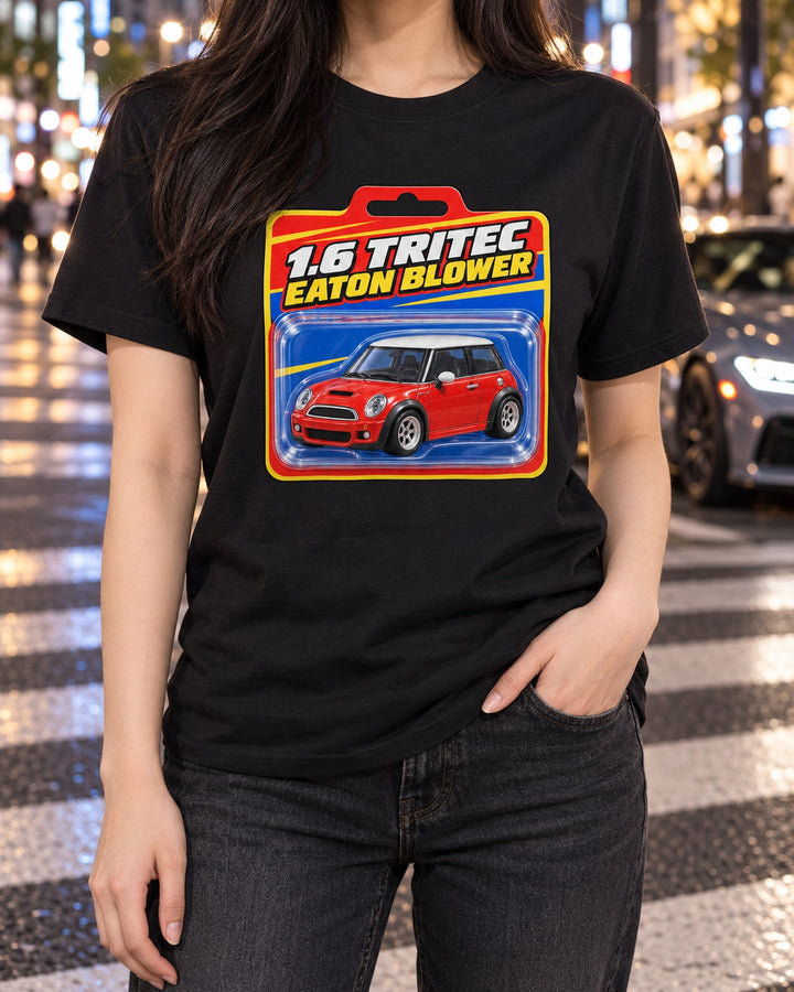 Mini Cooper S R53 Toy Blister Card Shirt, Supercharged Whine T-Shirt Black worn hero