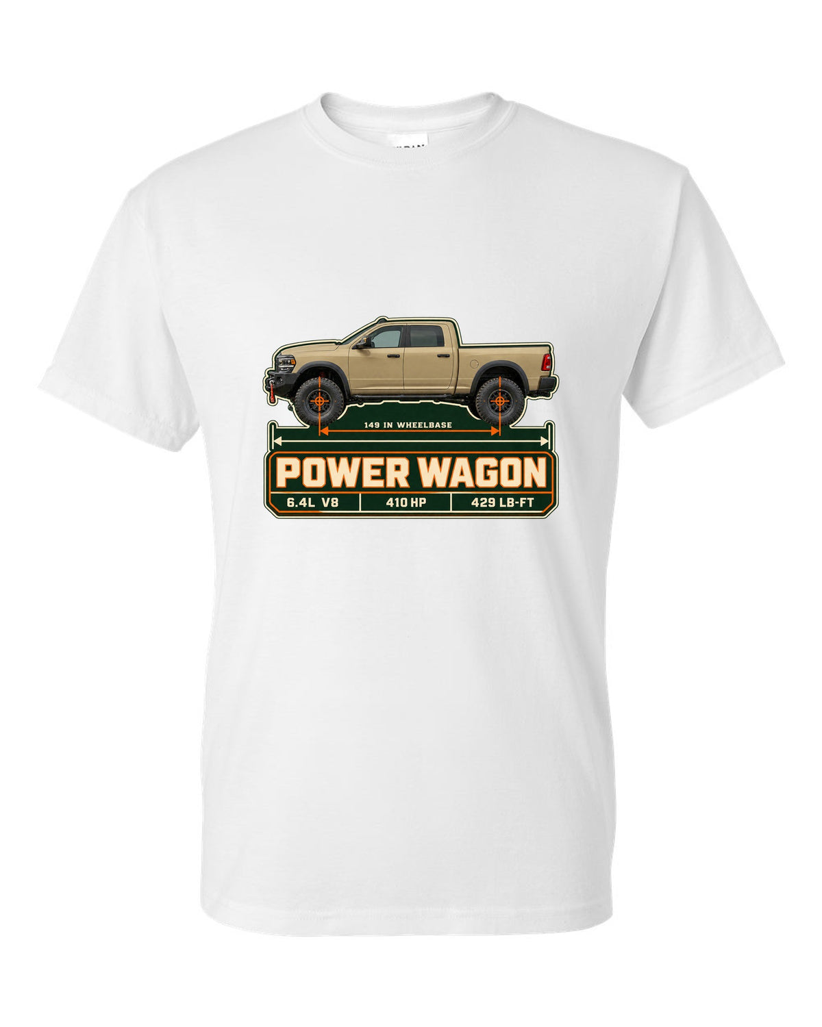 Ram 2500 Power Wagon dimension blueprint plate print with 149 inch wheelbase white t-shirt front view with the design