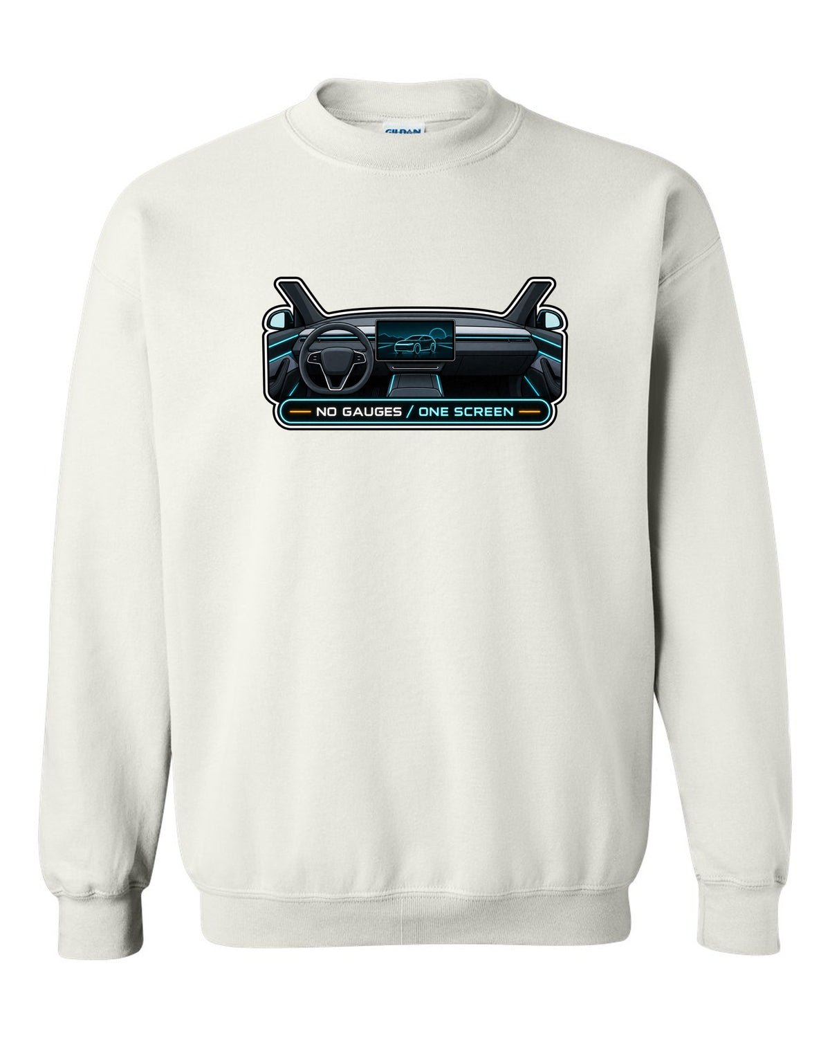 Gauge cluster HUD parody print of a Tesla Model Y Juniper reading No Gauges One Screen white crewneck front view with the design