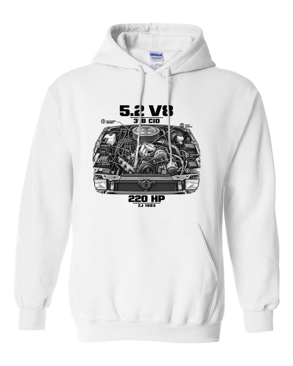Jeep Grand Cherokee ZJ 5.2 V8 engine print with 318 CID text white pull over hoodie front view with the design