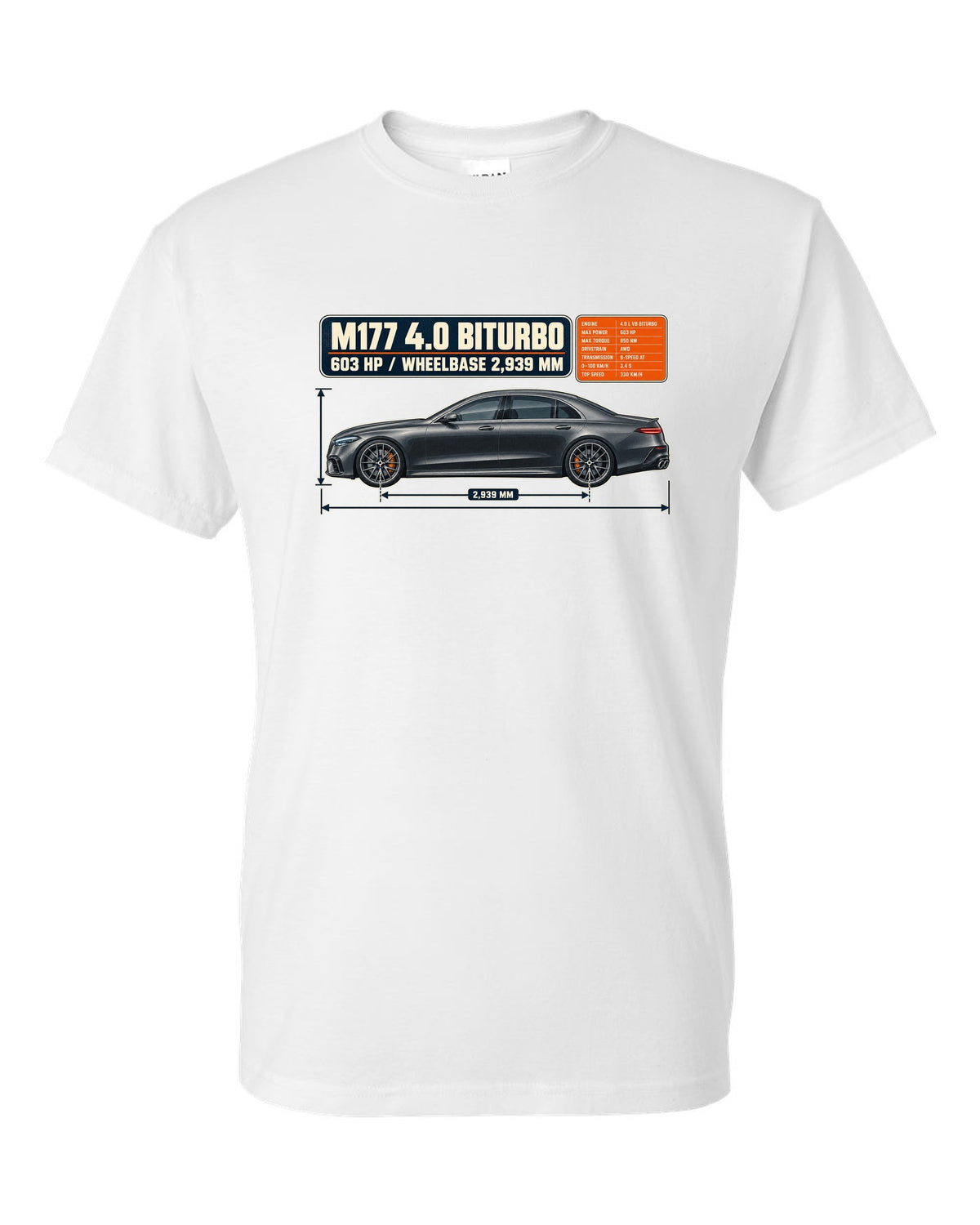 Dimension blueprint print of a graphite grey Mercedes-AMG E63 S W213 sedan white t-shirt front view with the design