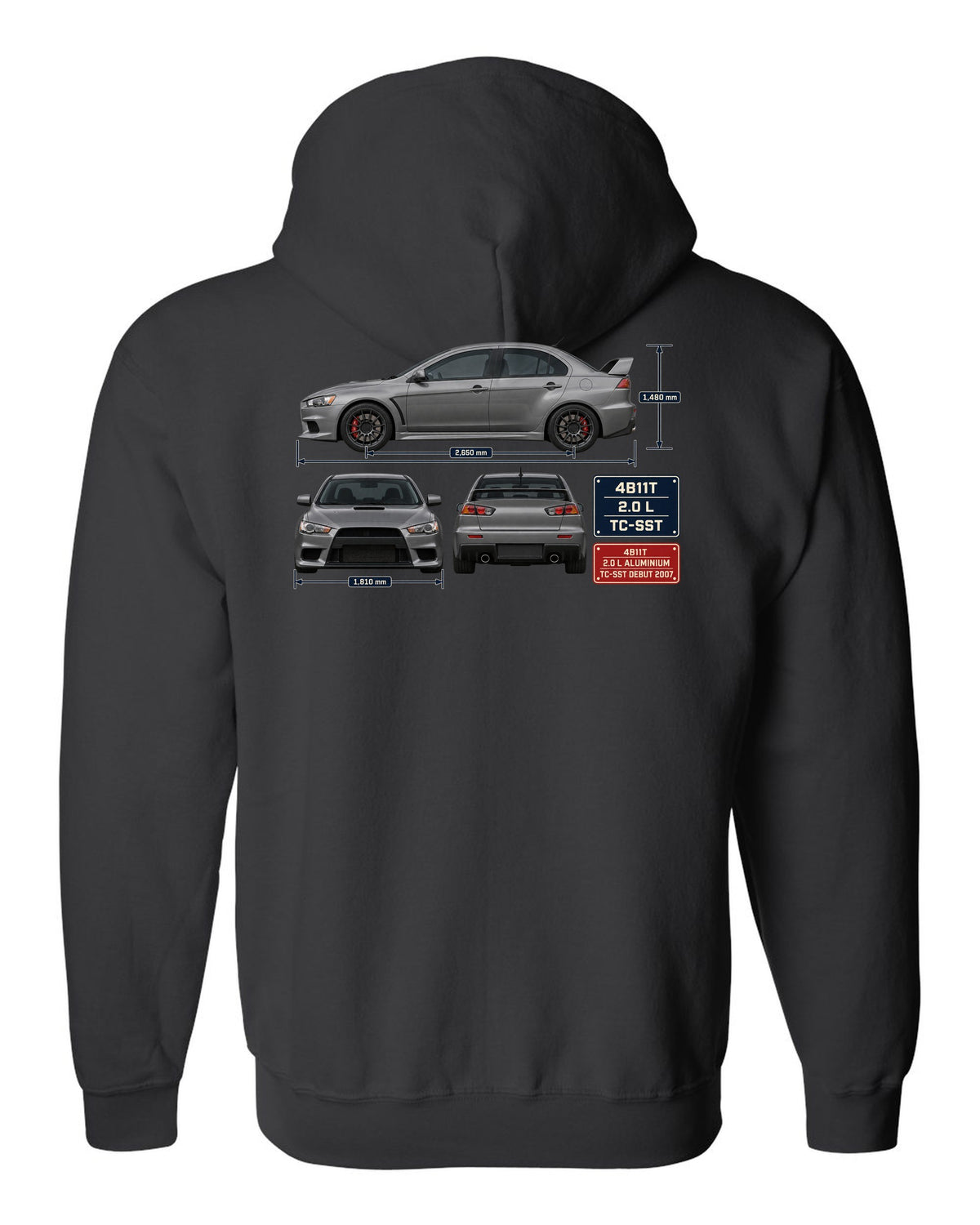 Evo X GSR Three-View Spec Table Tee, Mitsubishi Lancer black zip hoodie back view with the design