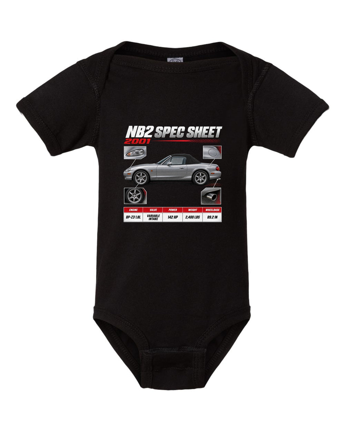 Spec poster print for the 2001 Mazda MX-5 NB2 reading NB2 spec sheet, 2001, variable intake black baby onesie front view with the design