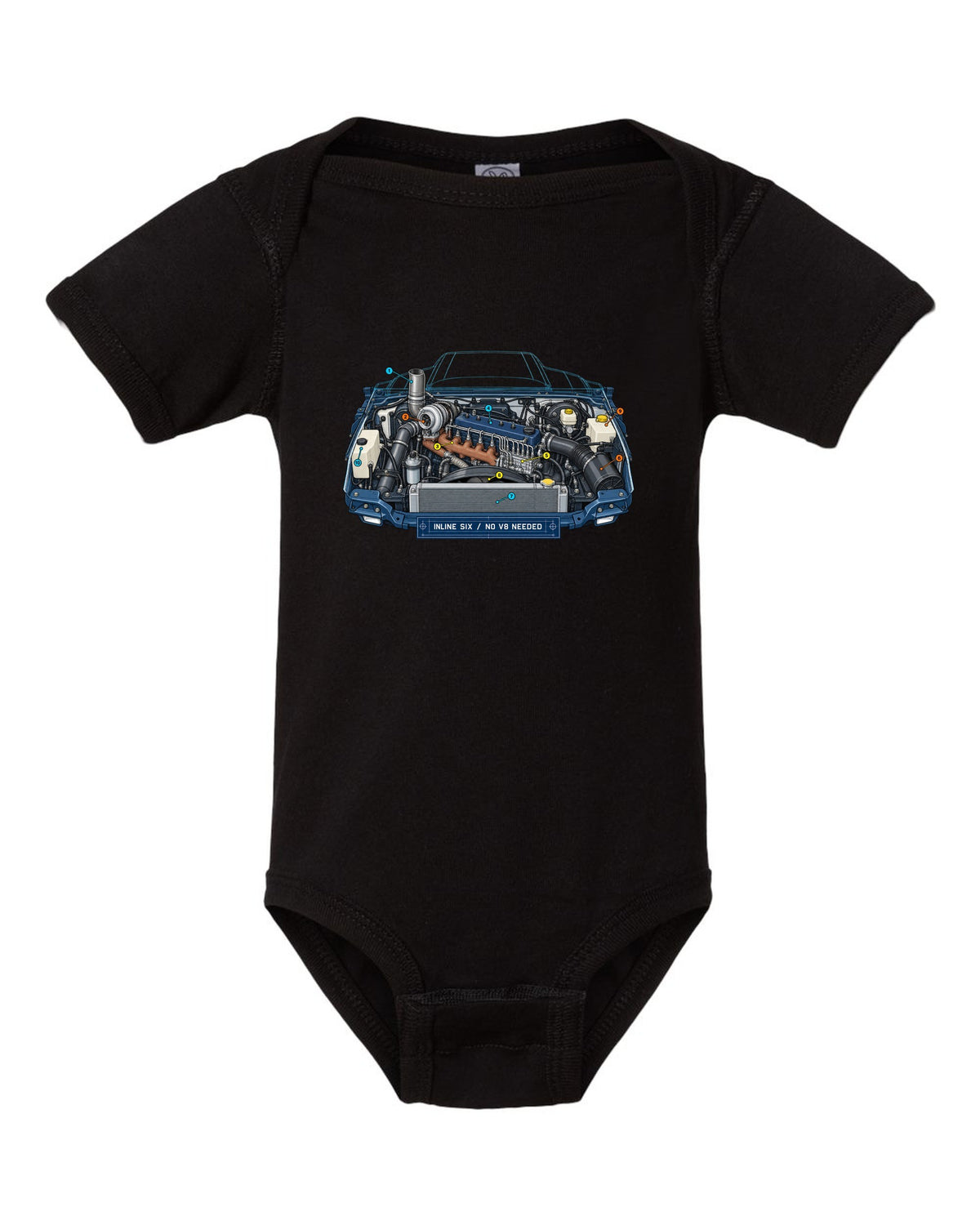 Blueprint-style print of a 1994-1998 Dodge Ram 2nd gen 5.9 inline-six diesel engine bay black baby onesie front view with the design