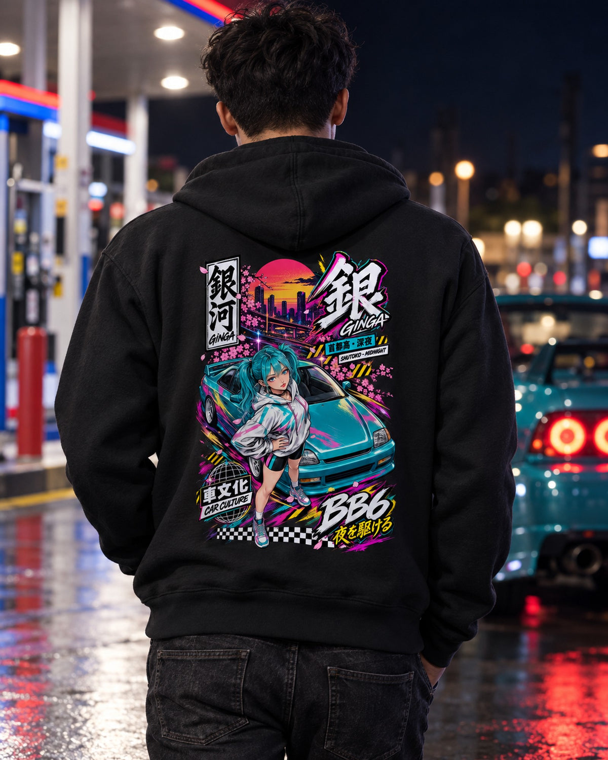 GINGA BB6 Anime Girl Full-Back Graphic Tee Zip Hoodie Black worn hero
