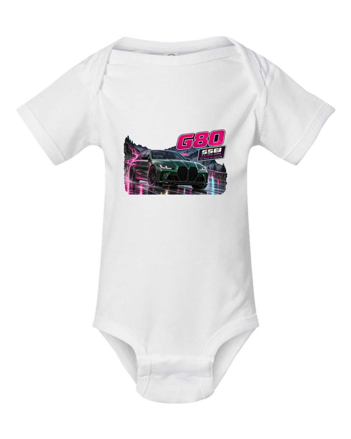 Touge night street print of an Isle of Man green BMW M3 Competition G80 white baby onesie front view with the design