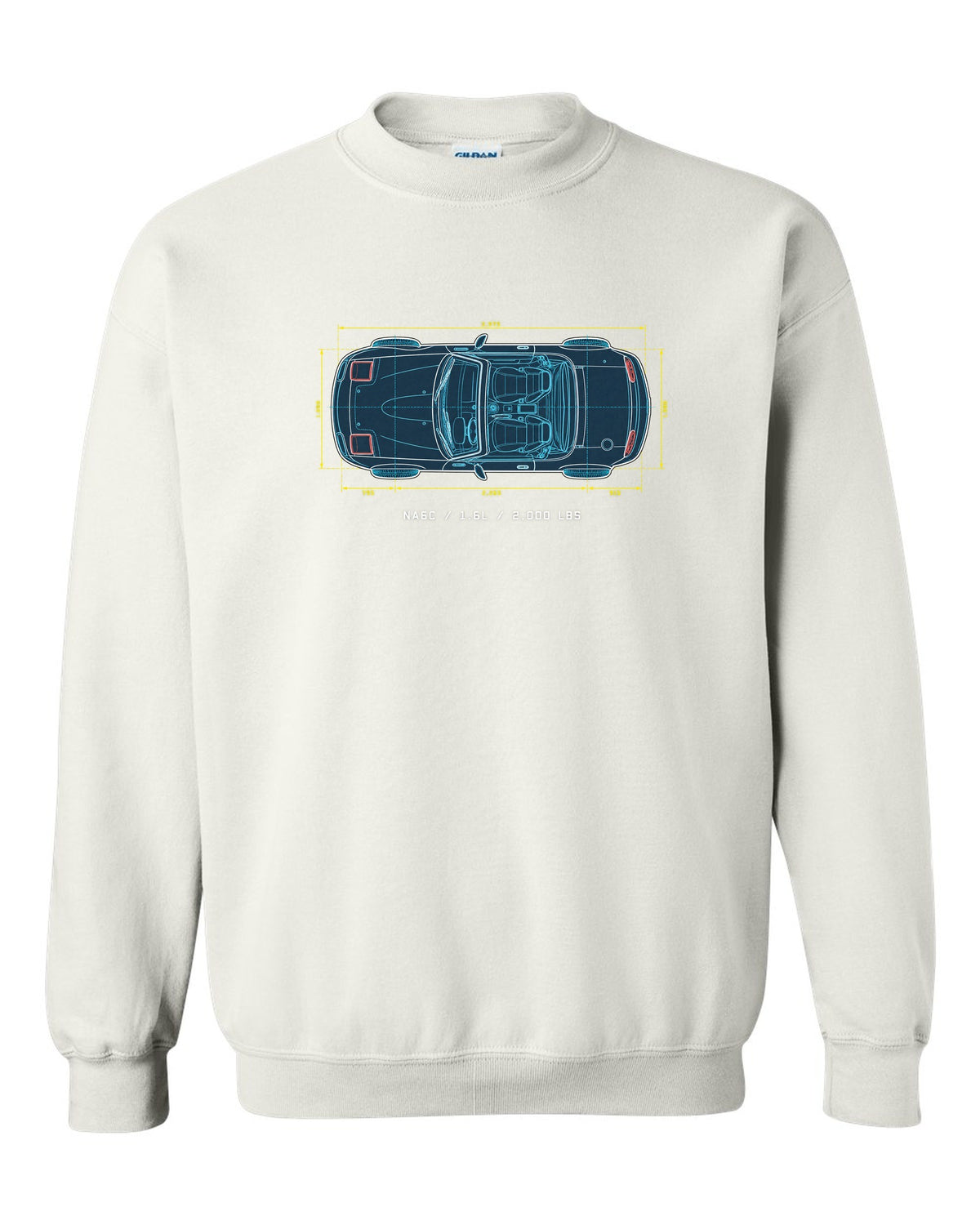 Technical blueprint line art of the Mazda MX-5 NA6C with 1.6L and 2,000 lbs text white crewneck front view with the design