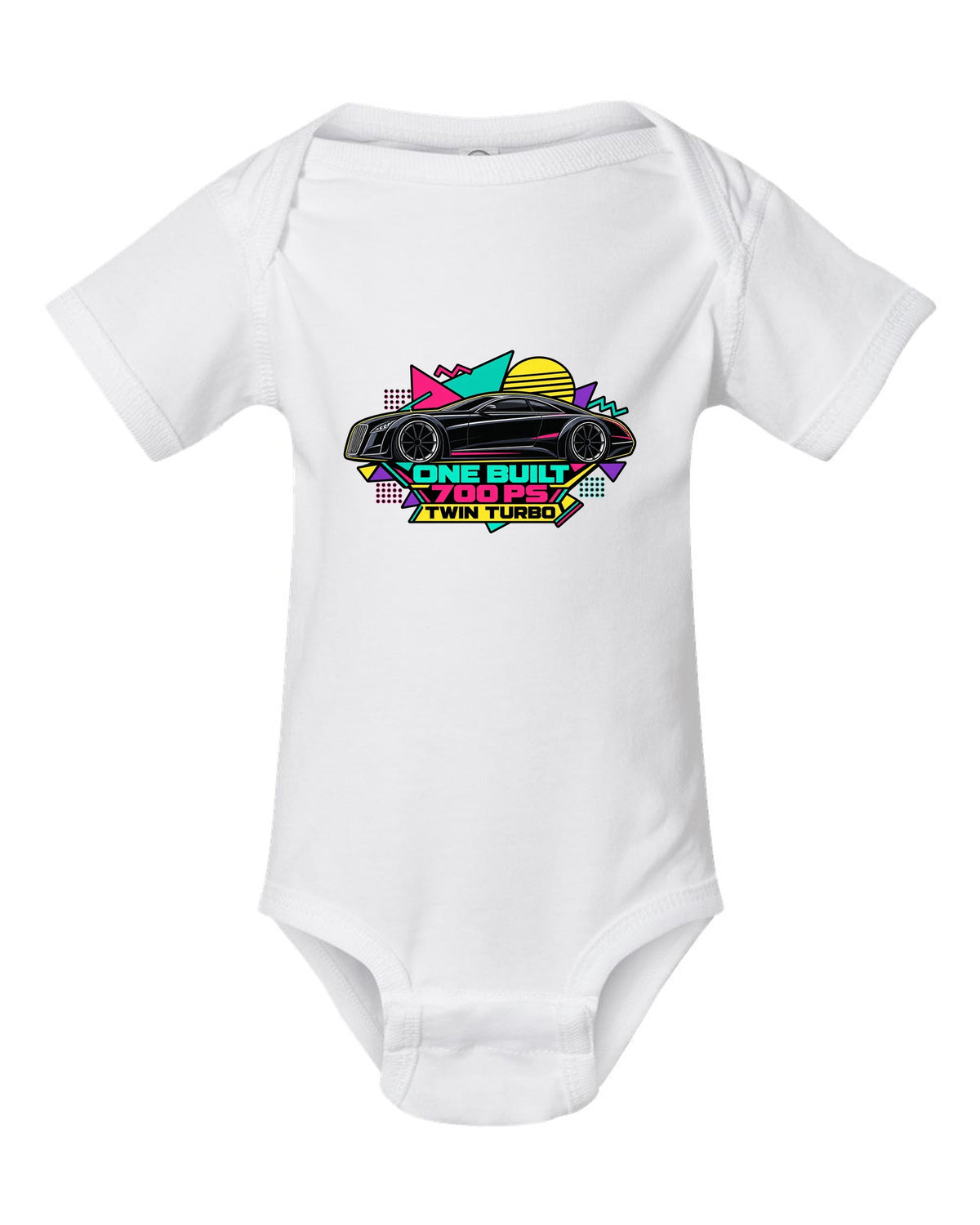 Retro Memphis style vector illustration of the one-off Maybach Exelero with One Built 700 PS Twin Turbo text white baby onesie front view with the design