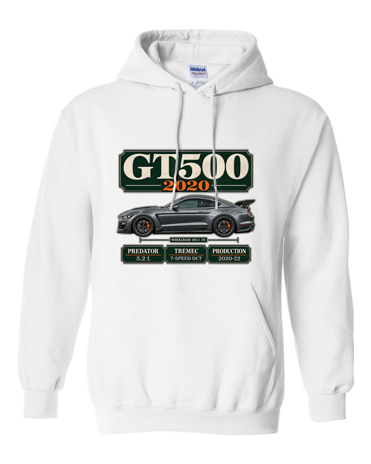 Ford Mustang S550 Shelby GT500 2020 archive panel print with engine and gearbox details white pull over hoodie front view with the design