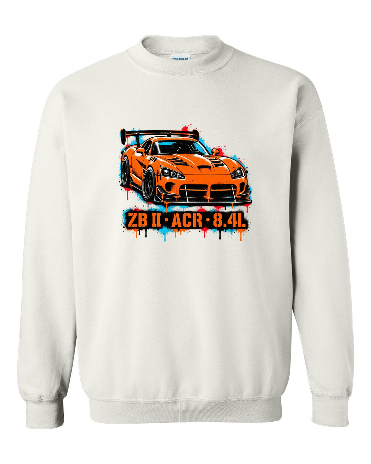 Stencil spray street art of a 2008 Dodge Viper ACR with large rear wing, ZB II ACR 8.4L lettering white crewneck front view with the design