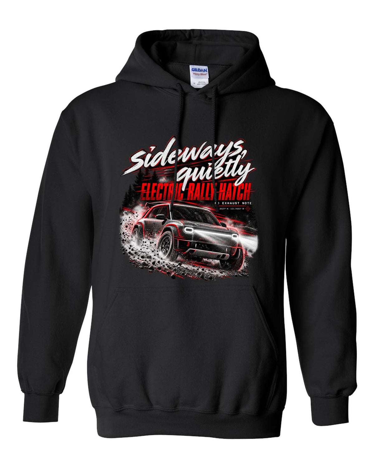 Rivian R3X 2027 sliding on a night touge with the text sideways quietly, electric rally ch black pull over hoodie front view with the design