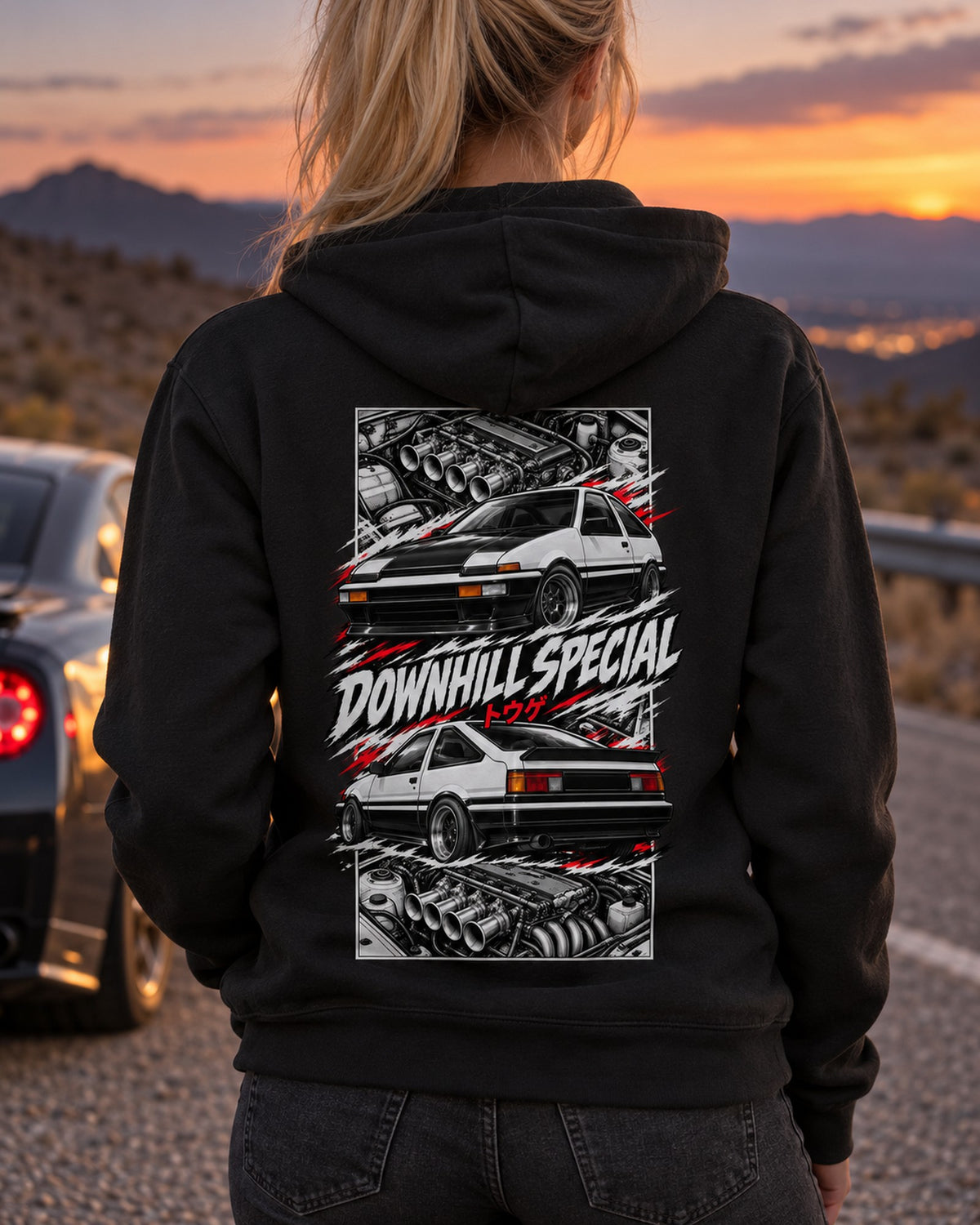Toyota Ae86 Torn Poster Full-Back Graphic Tee Zip Hoodie Black worn hero