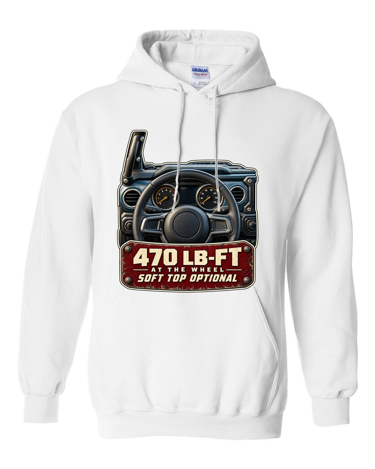 Gauge cluster print for the Jeep Wrangler Rubicon 392 with torque callout white pull over hoodie front view with the design