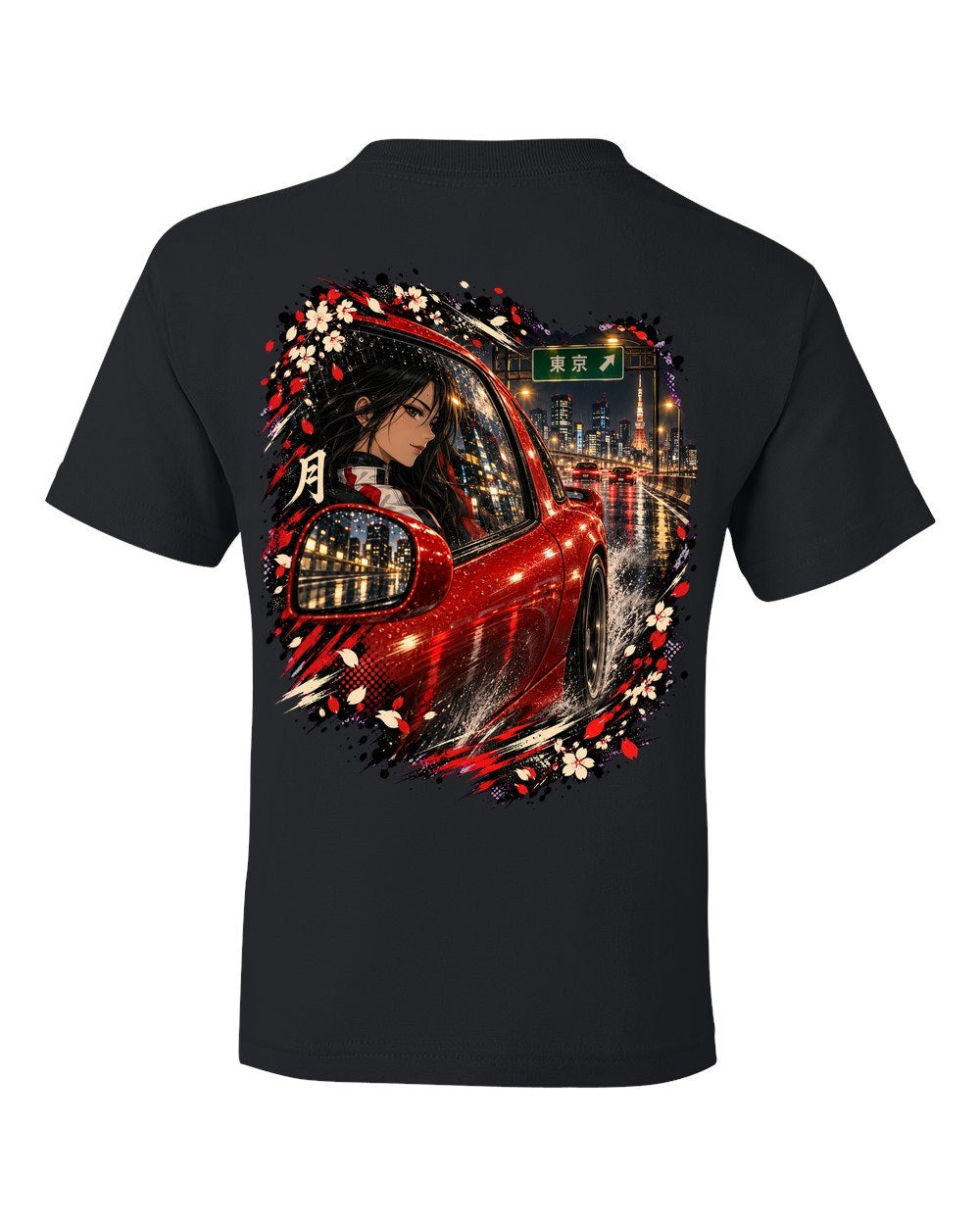 Mazda RX-7 FD Anime Girl Kids Tee Black back