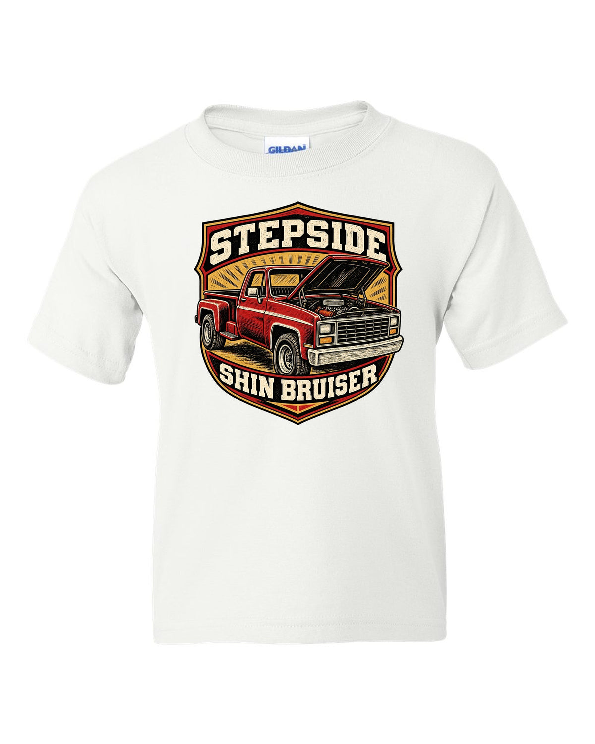 Linocut woodcut print of a 1973-87 Chevrolet C10 Squarebody Stepside with hood up and shin bruiser text white kids tee front view with the design