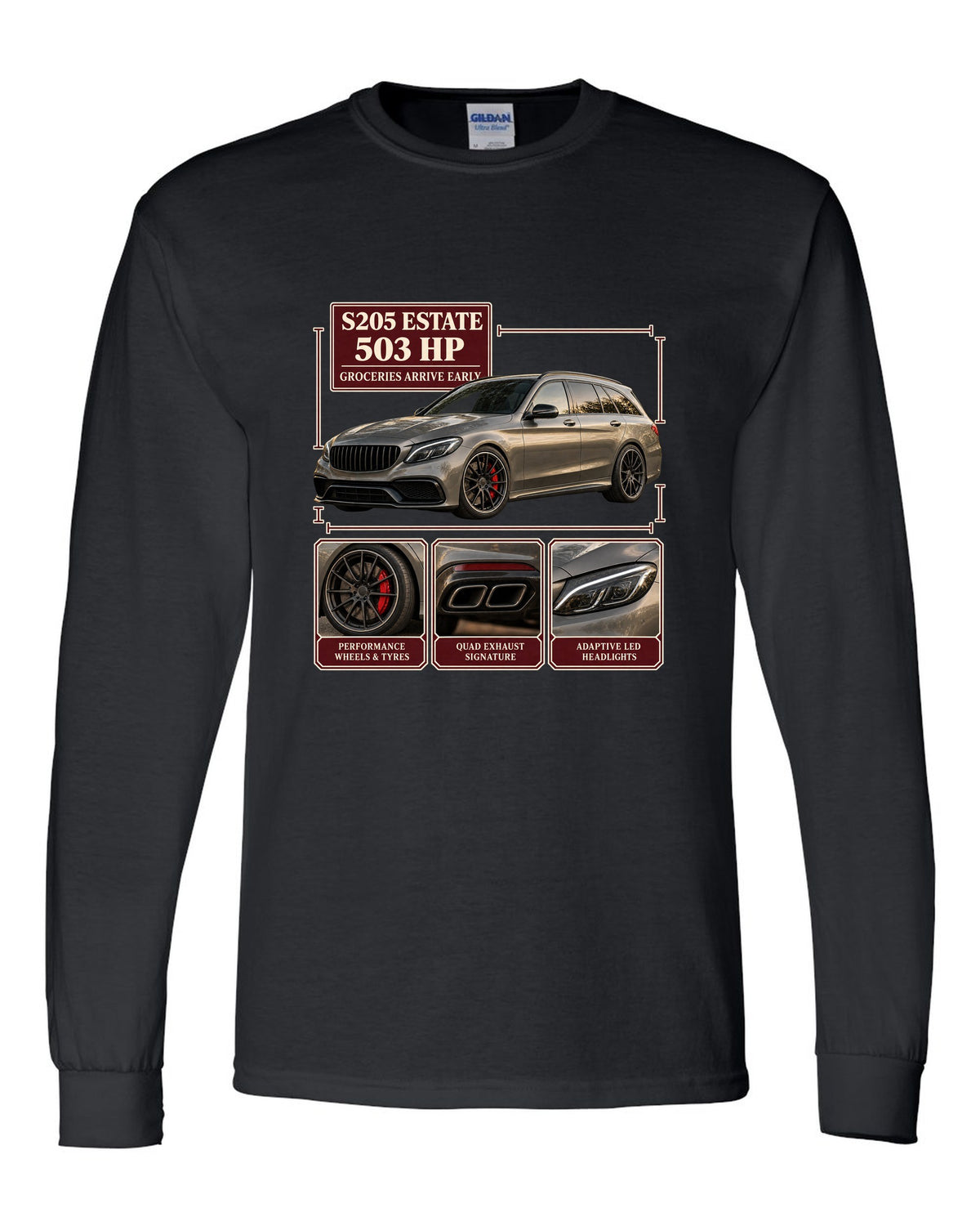 Mercedes-AMG C63 S Estate S205 dossier panel design in warm grey black long sleeve front view with the design
