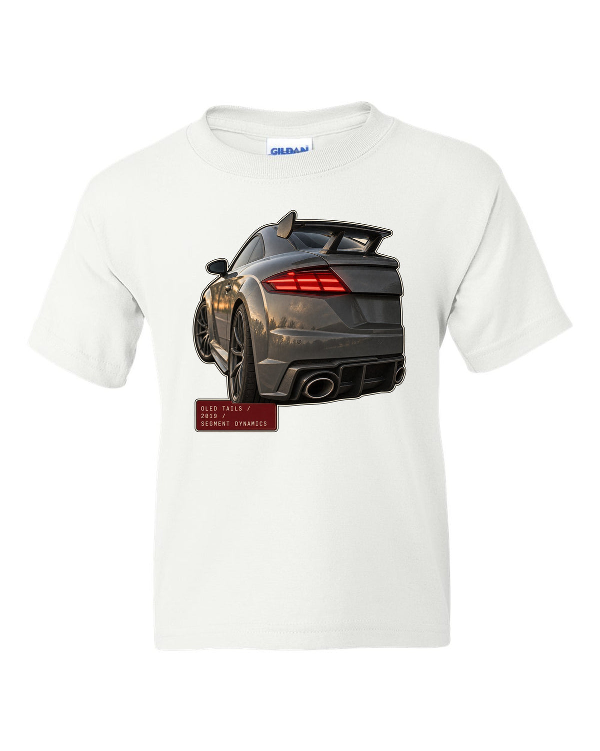 Audi TT RS facelift OLED taillight macro print white kids tee front view with the design