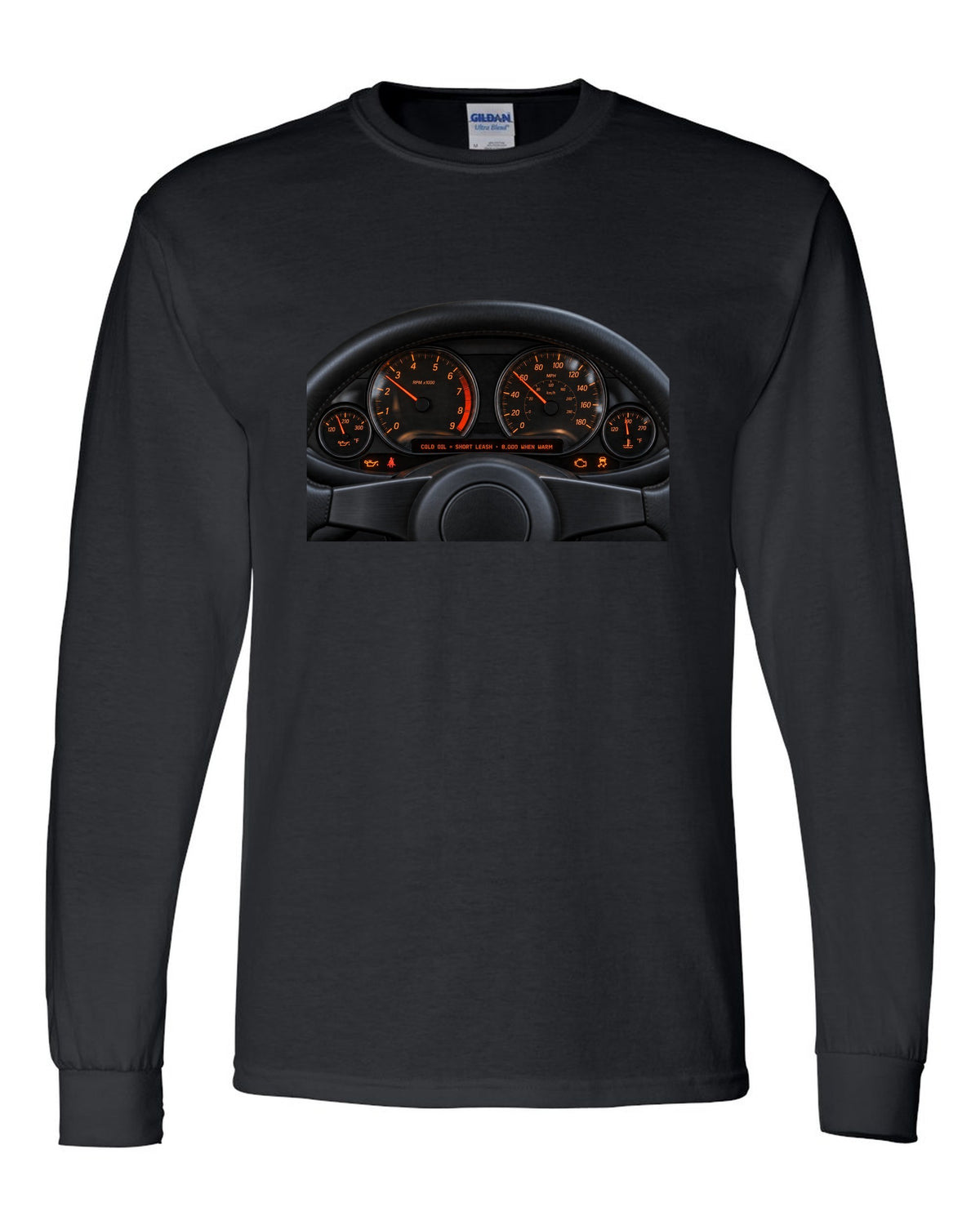 BMW E46 M3 coupe cockpit gauge print with cold oil short leash and 8,000 when warm text black long sleeve front view with the design
