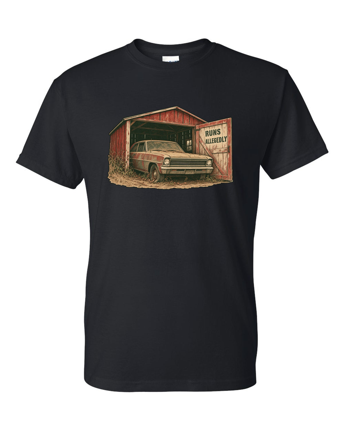 1966 Chevy II Nova in a grainy two-colour risograph barn find design with the text Runs Allegedly black t-shirt front view with the design